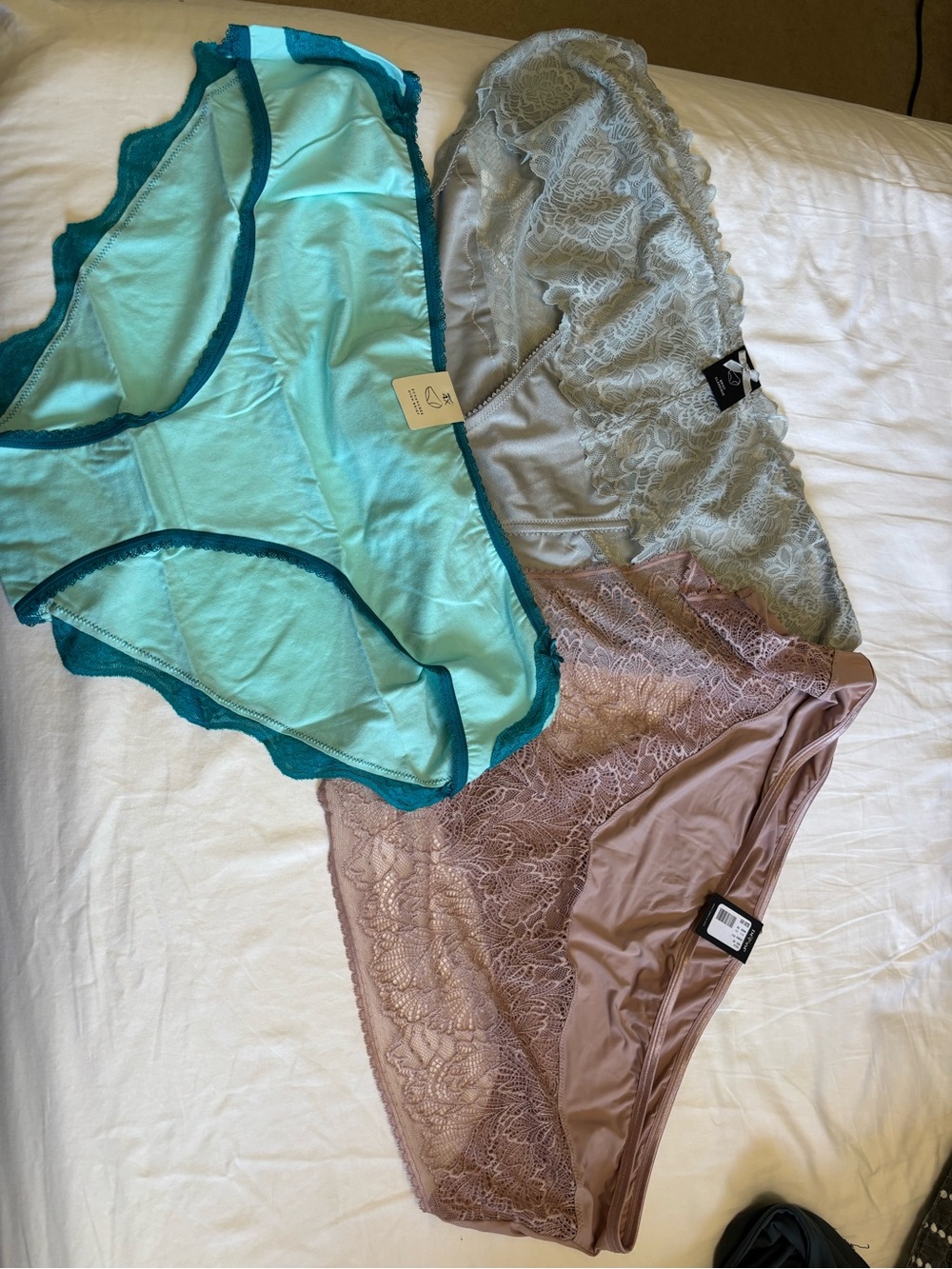 Plus size - Women's Lace & Cotton Bikini Panty Trio - Aqua, Gray, Mauve